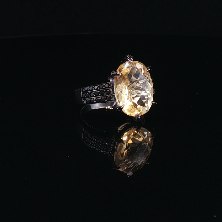 Oval Citrine and Black Spinel Solitaire Ring in Sterling Silver