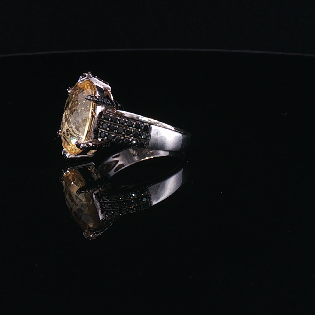 Oval Citrine and Black Spinel Solitaire Ring in Sterling Silver