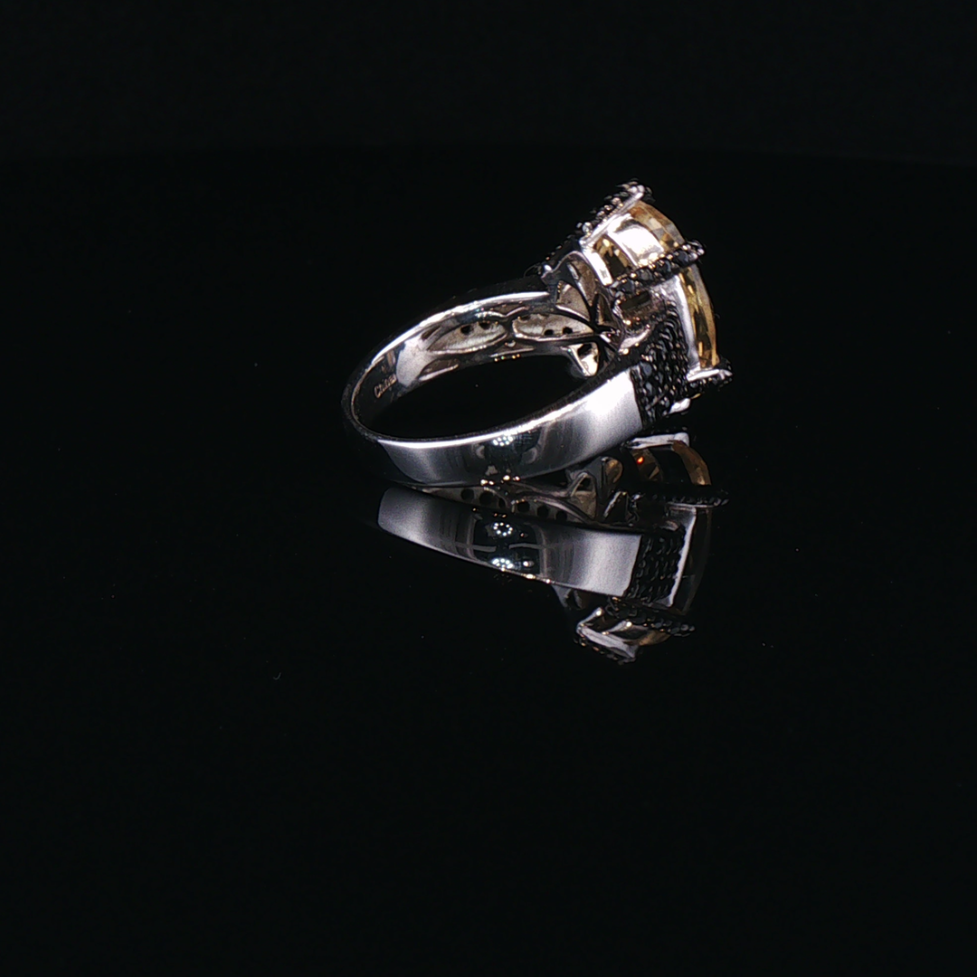 Oval Citrine and Black Spinel Solitaire Ring in Sterling Silver