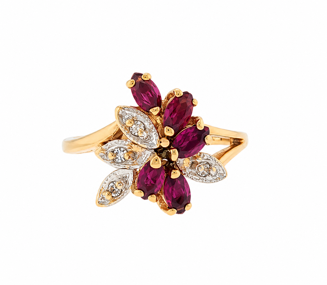 14k Yellow Gold Ruby & Diamond Floral Cocktail Ring