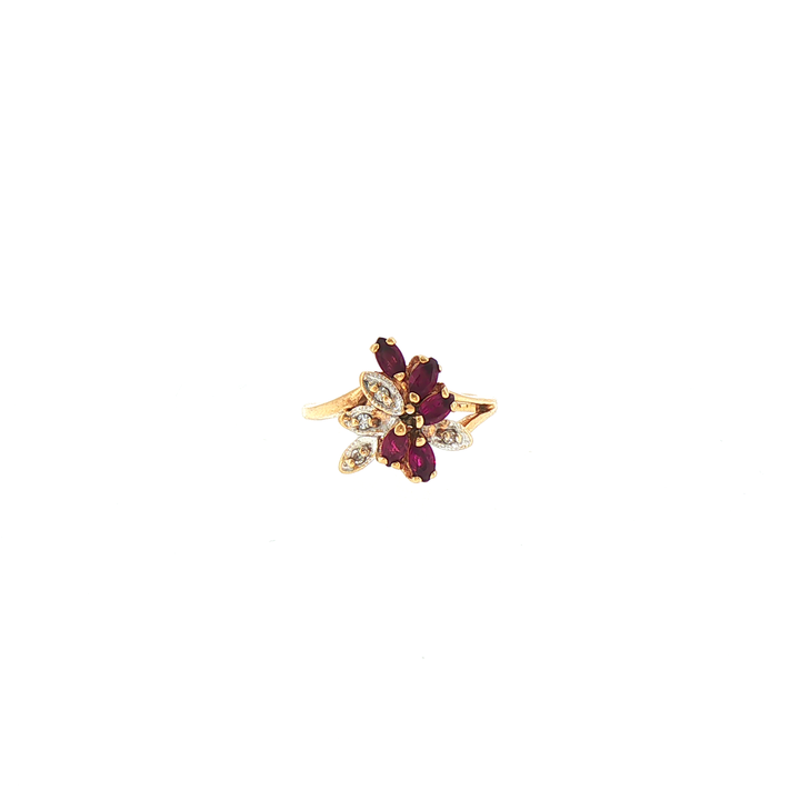 14k Yellow Gold Ruby & Diamond Floral Cocktail Ring