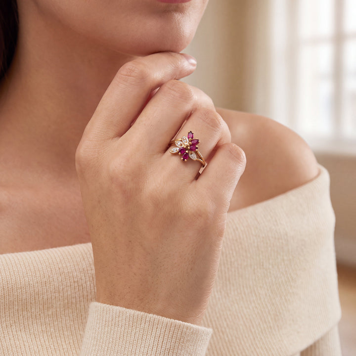 14k Yellow Gold Ruby & Diamond Floral Cocktail Ring