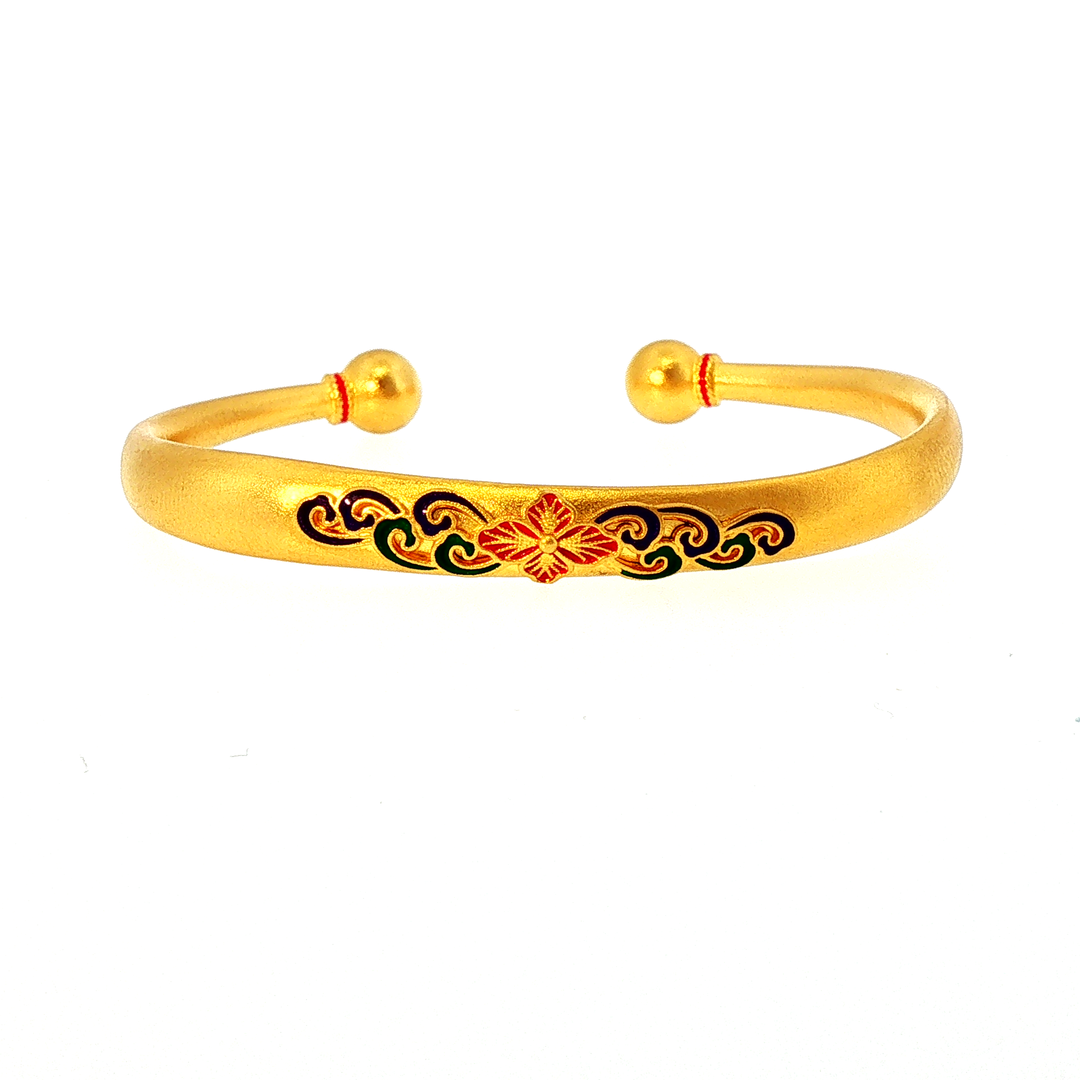 24k Yellow Gold Open Cuff Bangle with Enamel Floral Motif