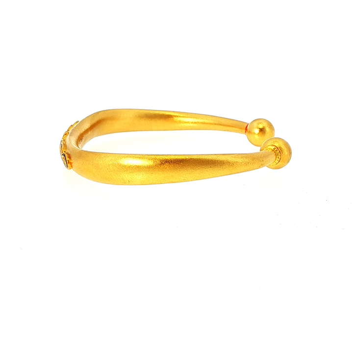 24k Yellow Gold Open Cuff Bangle with Enamel Floral Motif