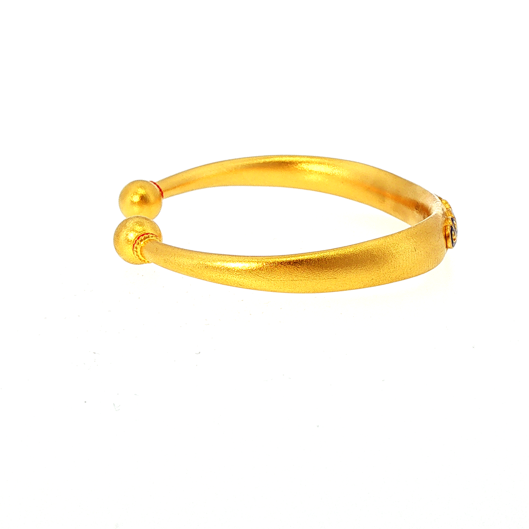 24k Yellow Gold Open Cuff Bangle with Enamel Floral Motif