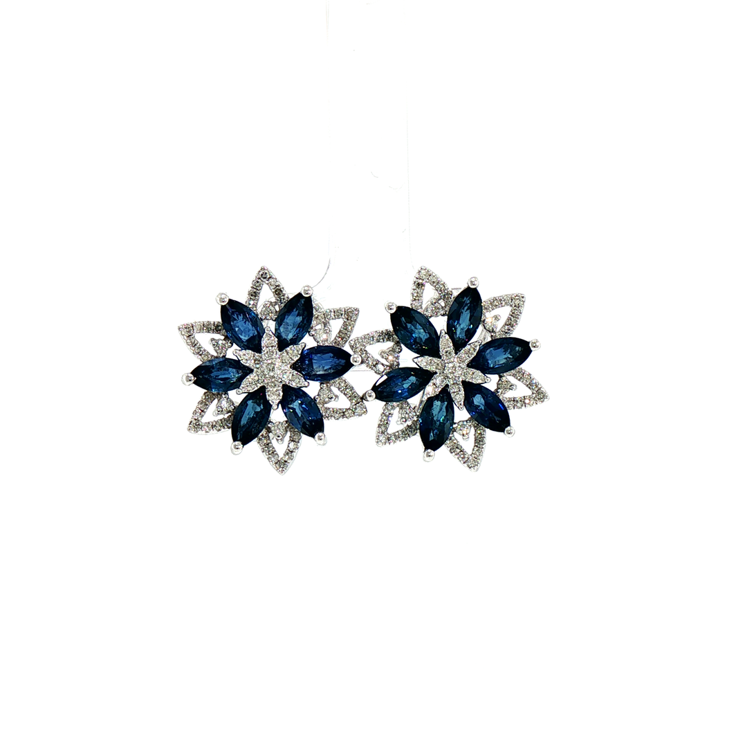 Royal Blue Sapphire and Diamond Floral Cluster Earrings in 18k White Gold