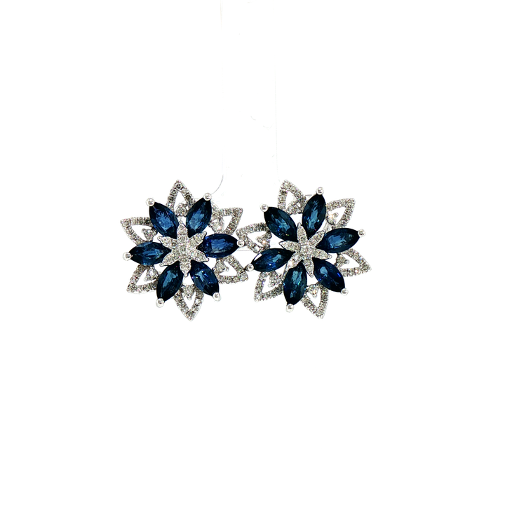 Royal Blue Sapphire and Diamond Floral Cluster Earrings in 18k White Gold