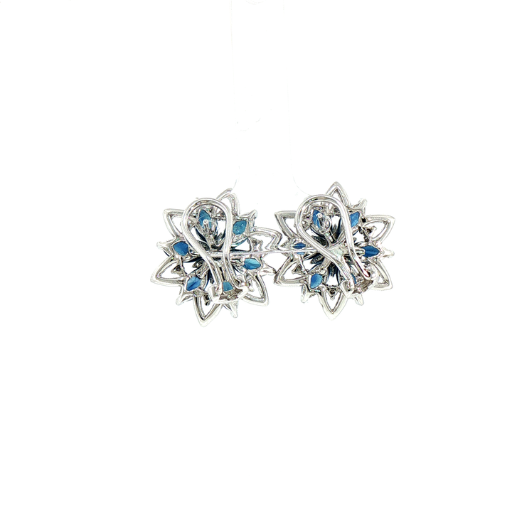 Royal Blue Sapphire and Diamond Floral Cluster Earrings in 18k White Gold
