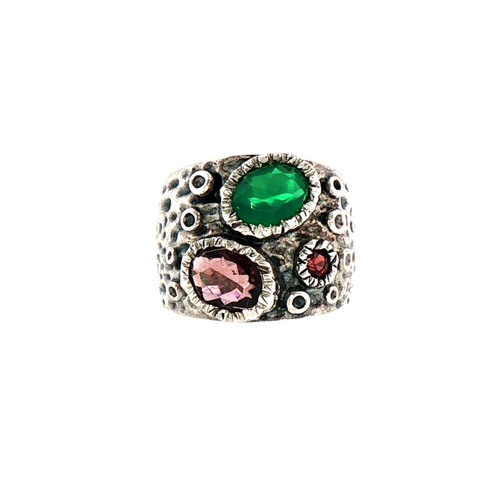 Textured  Sterling Silver Emerald, Amethyst and Garnet Ring
