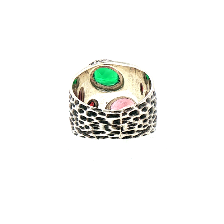 Textured  Sterling Silver Emerald, Amethyst and Garnet Ring