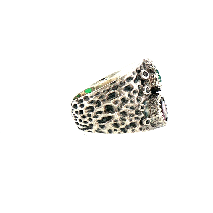 Textured  Sterling Silver Emerald, Amethyst and Garnet Ring