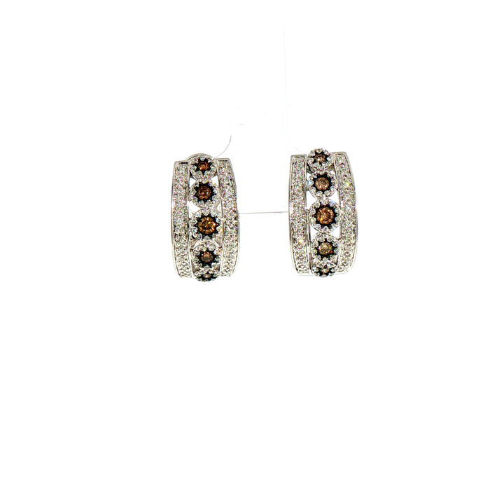 14k White Gold Chocolate Brown Diamond Halo Hoop Earrings