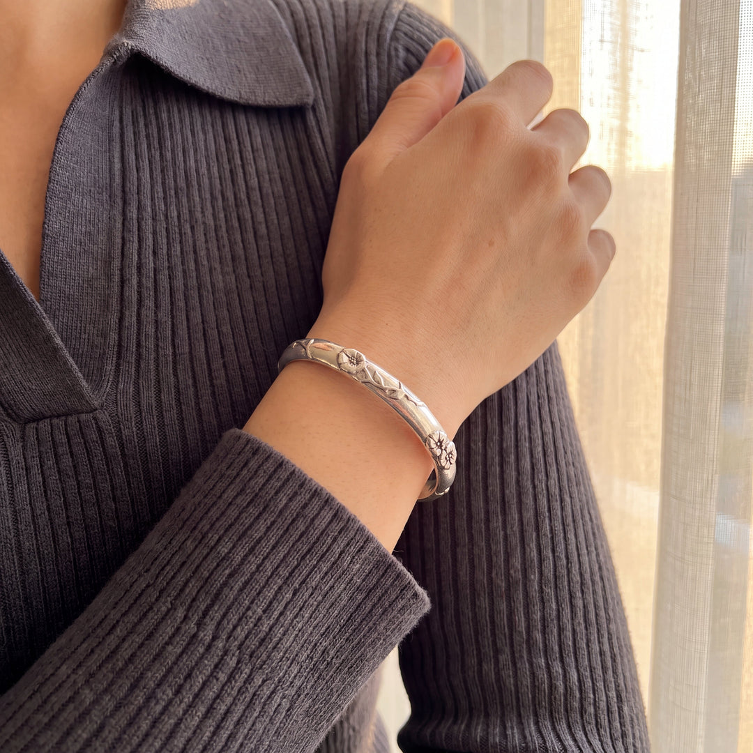 Vintage Tiffany & Co. "Nature" Silver Floral Motif Bangle Bracelet