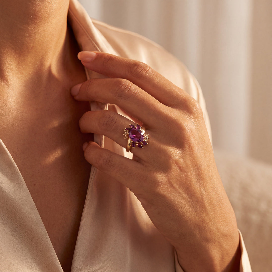 Amethyst and Diamond Accent Cluster Cocktail Ring in 14k Yellow Gold