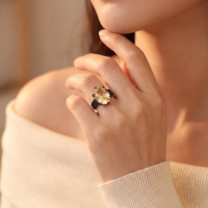 Oval Citrine and Black Spinel Solitaire Ring in Sterling Silver