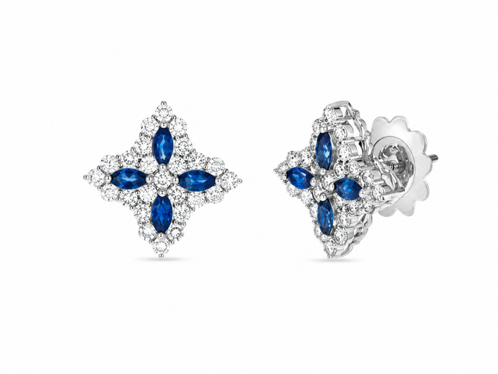 Roberto Coin - Royal Blue Sapphire Floral Motif Earrings in White Gold