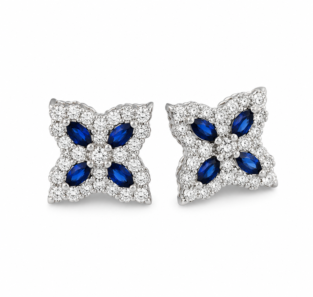 Roberto Coin - Royal Blue Sapphire Floral Motif Earrings in White Gold