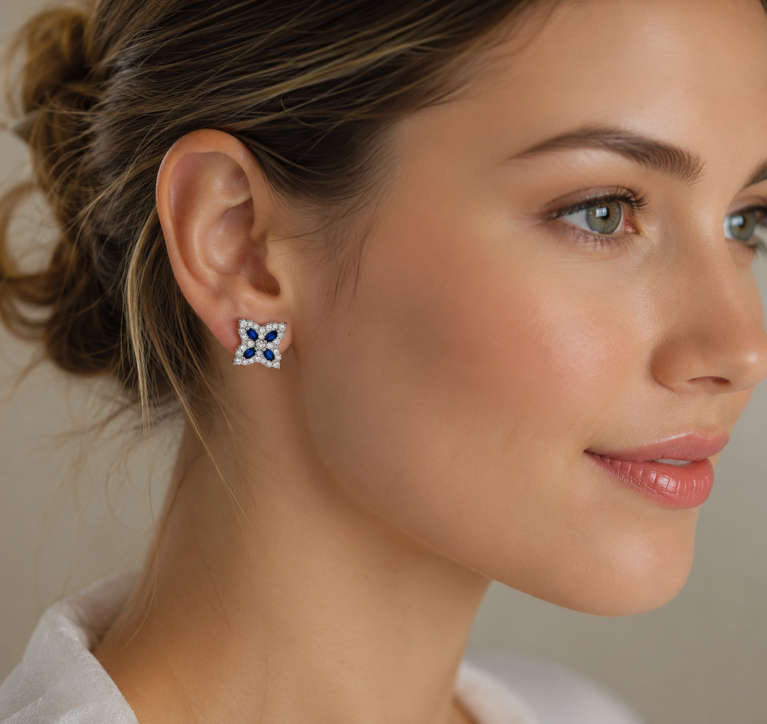 Roberto Coin - Royal Blue Sapphire Floral Motif Earrings in White Gold