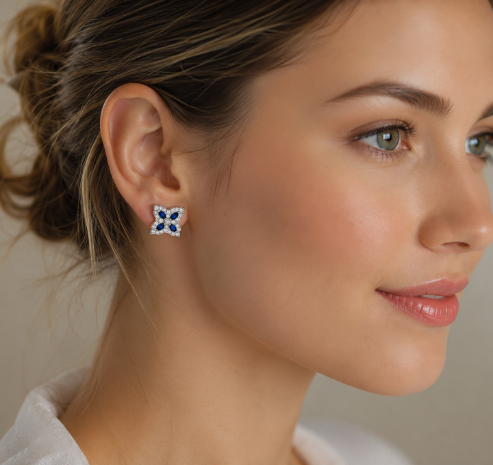 Roberto Coin - Royal Blue Sapphire Floral Motif Earrings in White Gold