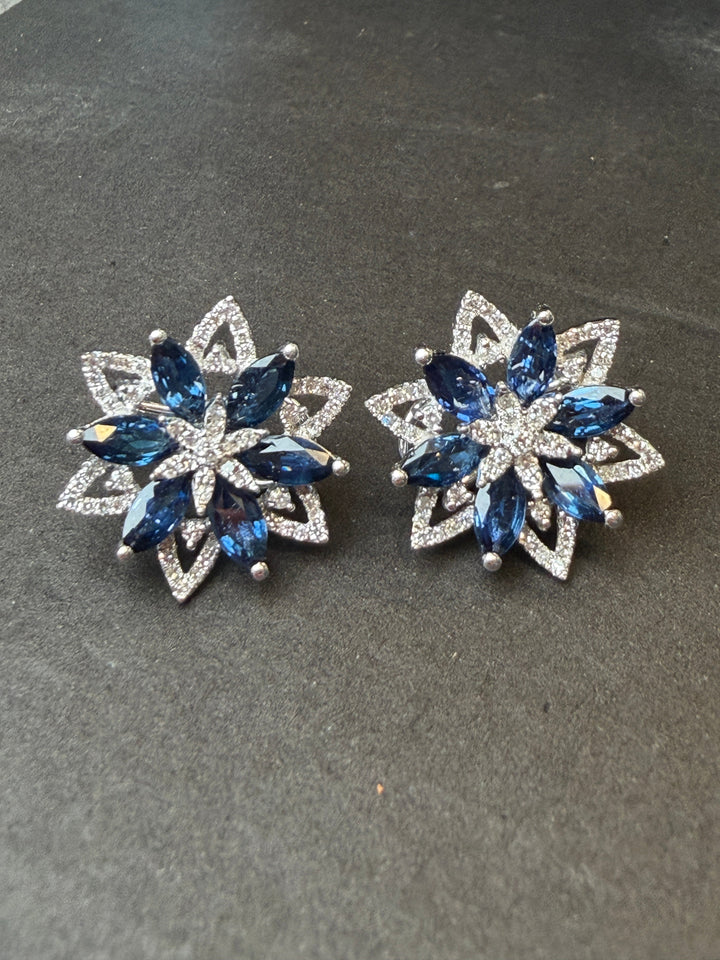 Royal Blue Sapphire and Diamond Floral Cluster Earrings in 18k White Gold