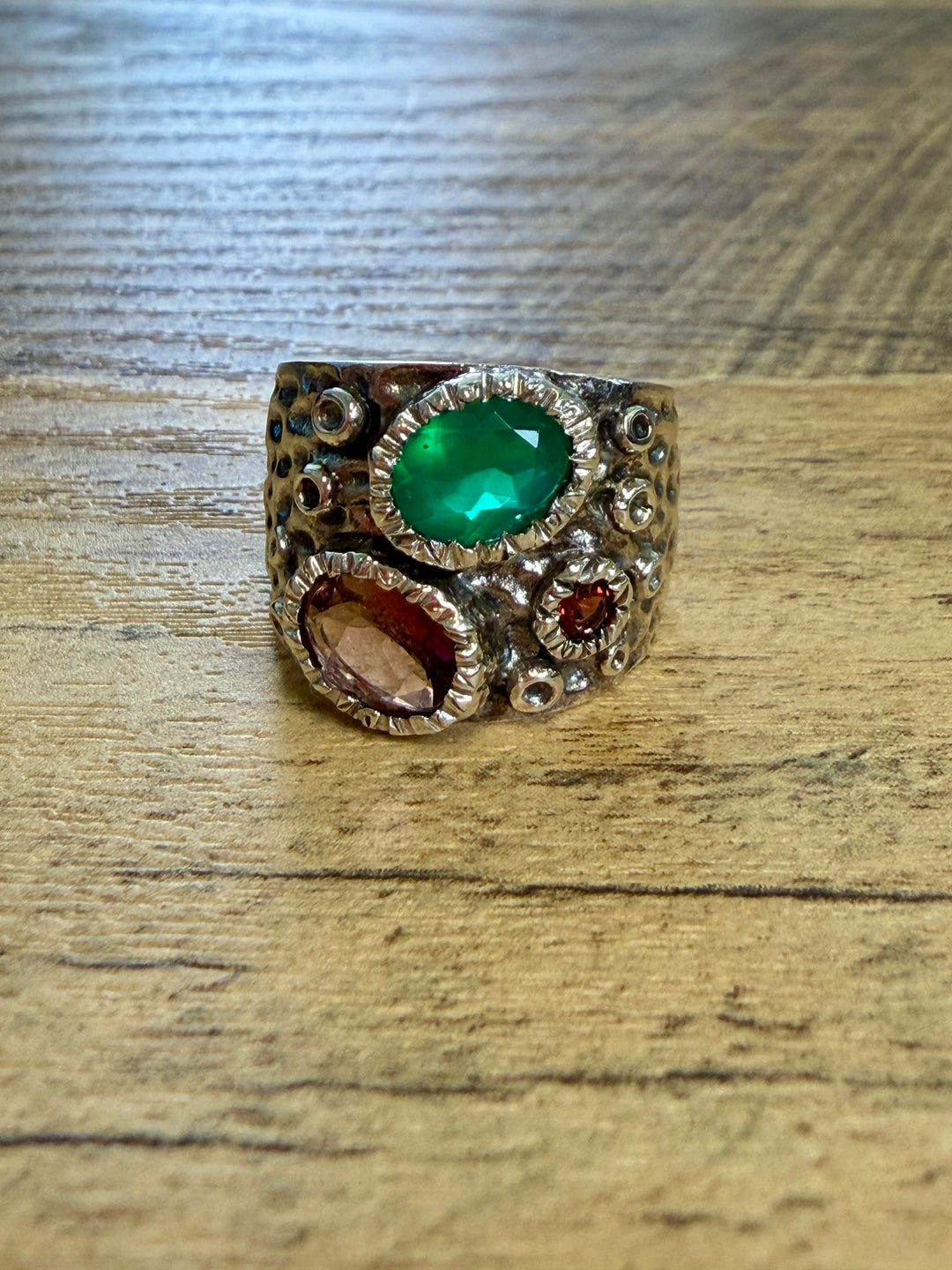 Textured  Sterling Silver Emerald, Amethyst and Garnet Ring