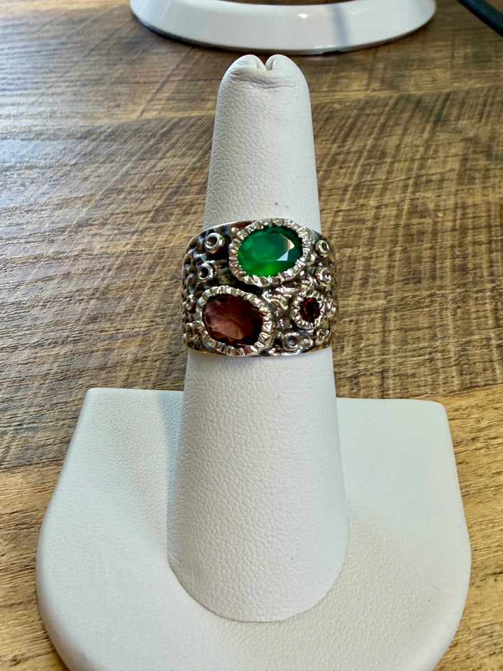 Textured  Sterling Silver Emerald, Amethyst and Garnet Ring