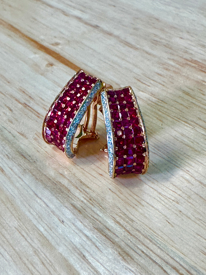 Natural Ruby and Diamond Ribbon Earrings in 14k Rose Gold