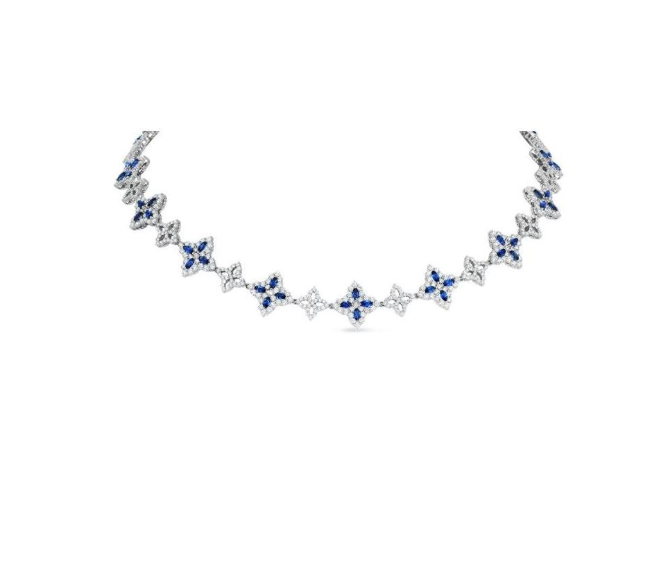 White Gold Royal Blue Sapphire Floral Motif Chain Necklace