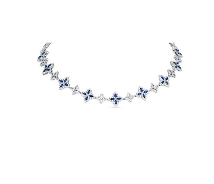 White Gold Royal Blue Sapphire Floral Motif Chain Necklace