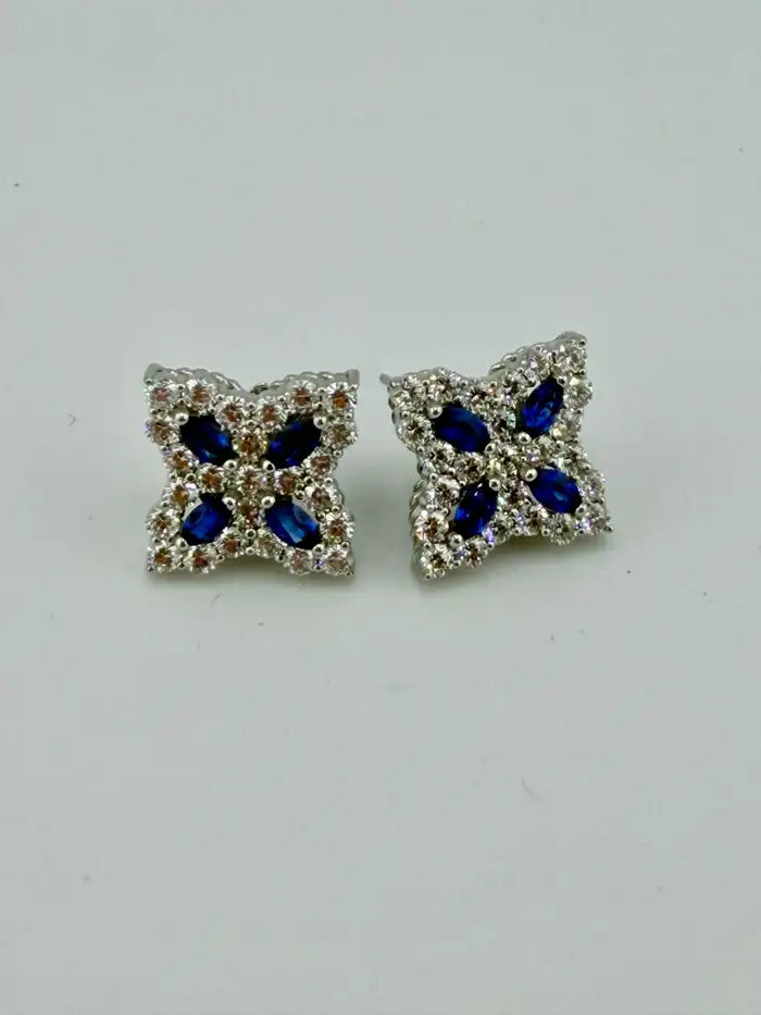 Royal Blue Sapphire Floral Motif Earrings in White Gold