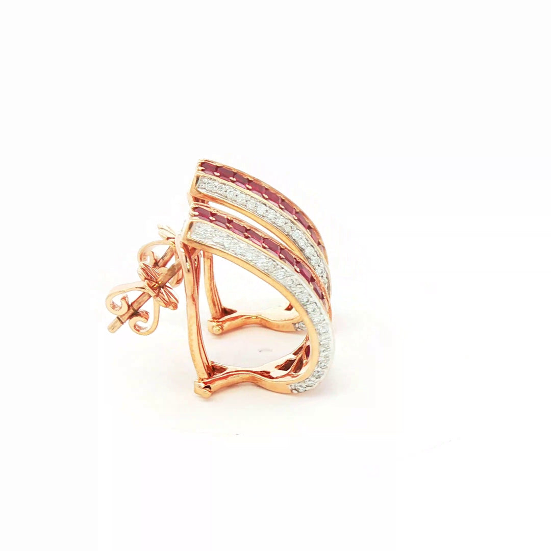 Natural Ruby and Diamond Ribbon Earrings in 14k Rose Gold
