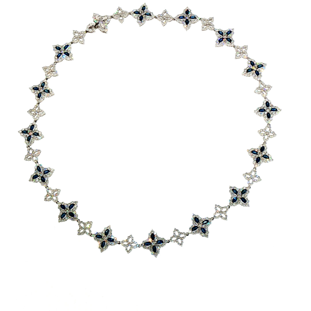 White Gold Royal Blue Sapphire Floral Motif Chain Necklace