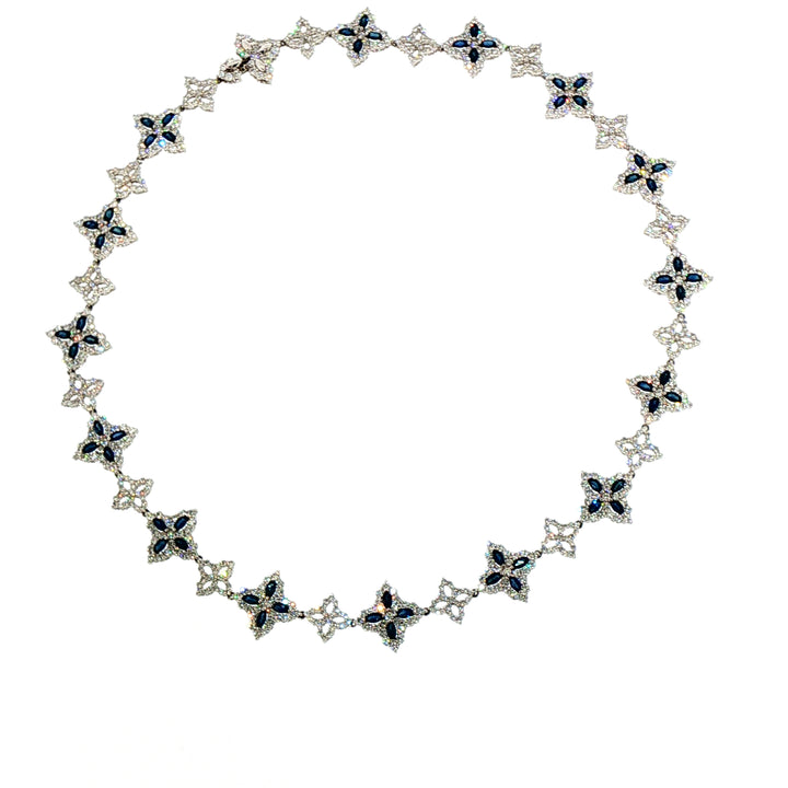 White Gold Royal Blue Sapphire Floral Motif Chain Necklace