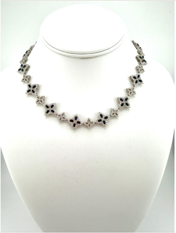 White Gold Royal Blue Sapphire Floral Motif Chain Necklace
