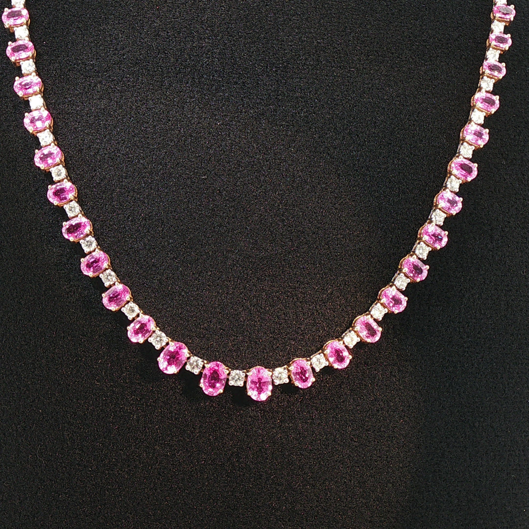 Vivid Pink Sapphire and Diamond Tennis Necklace