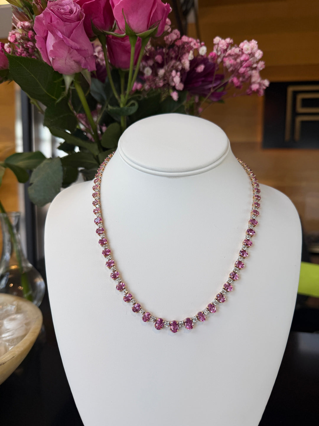 Vivid Pink Sapphire and Diamond Tennis Necklace