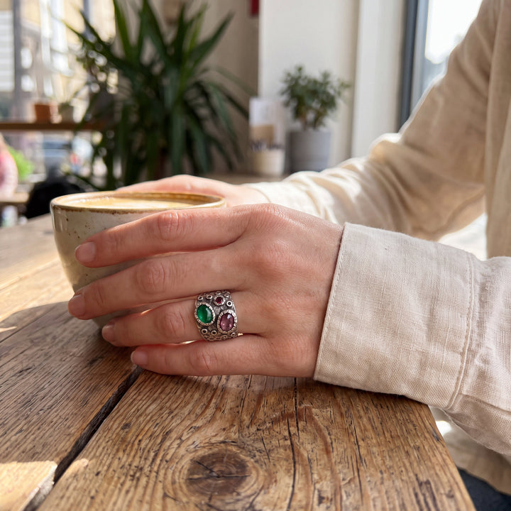 Textured  Sterling Silver Emerald, Amethyst and Garnet Ring