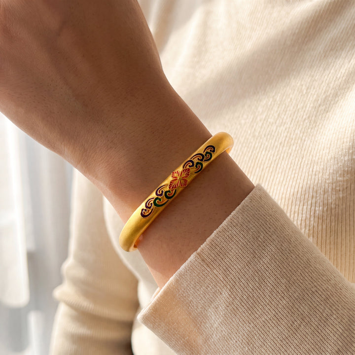 24k Yellow Gold Open Cuff Bangle with Enamel Floral Motif