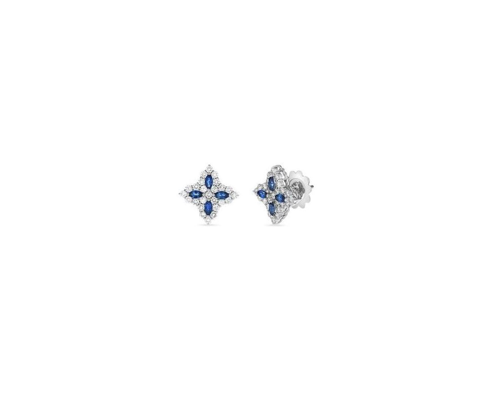 Royal Blue Sapphire Floral Motif Earrings in White Gold