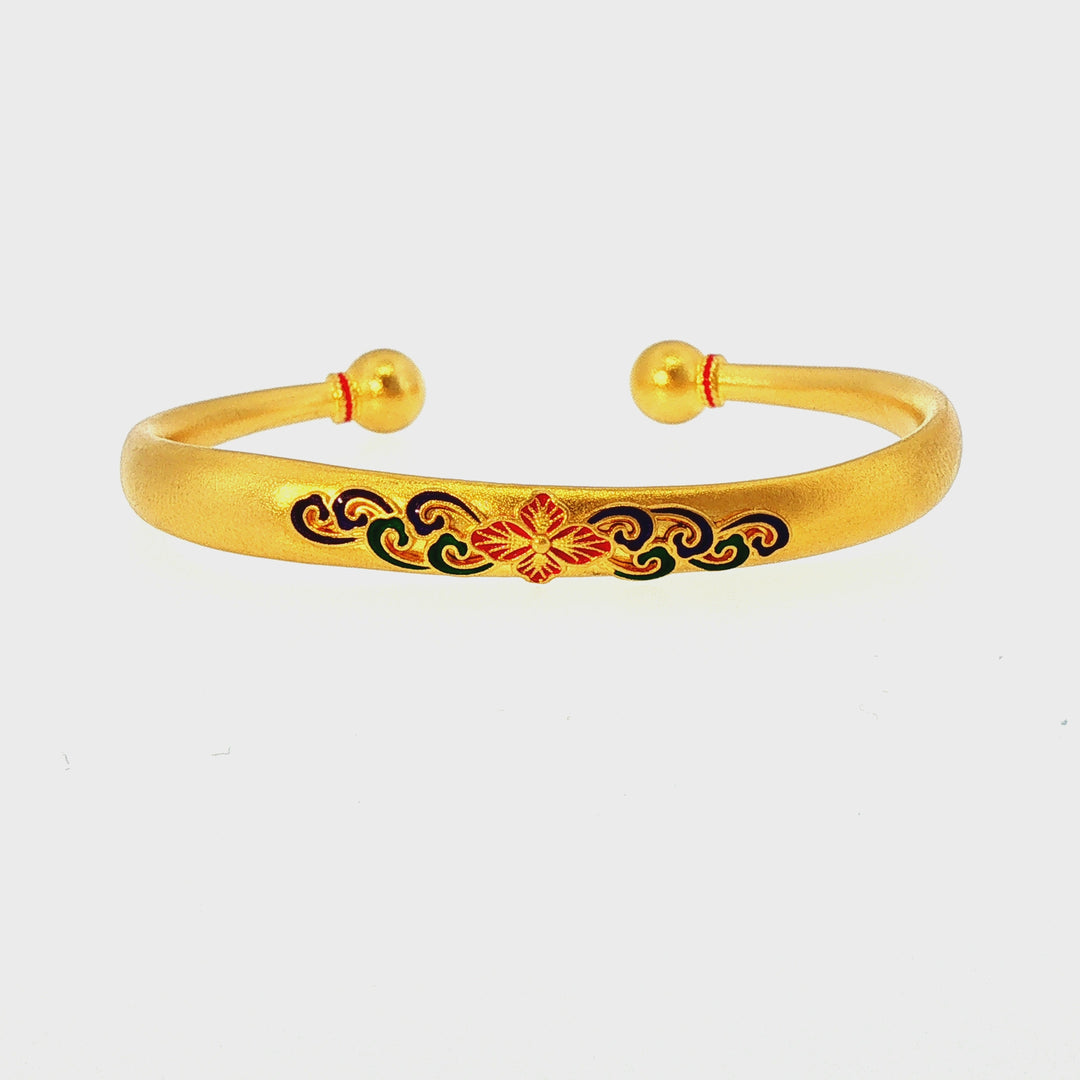 24k Yellow Gold Open Cuff Bangle with Enamel Floral Motif