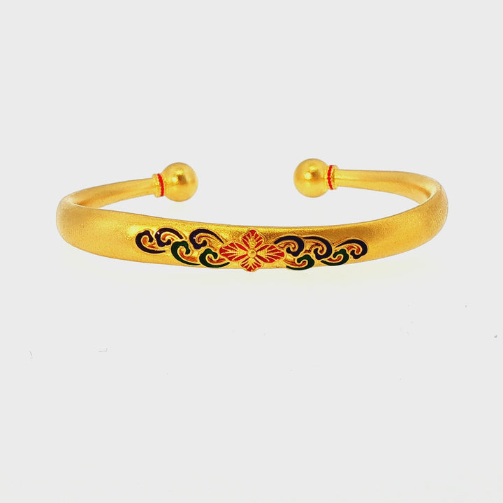 24k Yellow Gold Open Cuff Bangle with Enamel Floral Motif