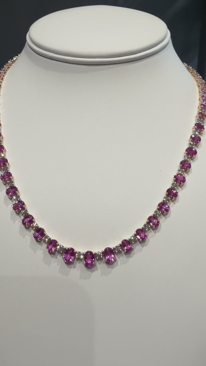 Vivid Pink Sapphire and Diamond Tennis Necklace